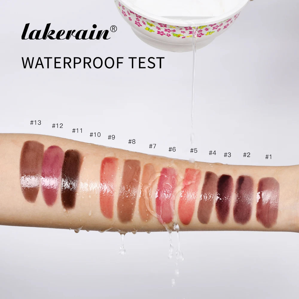 Lakerain waterproof mirror lip gloss swatches in 13 shades with a glossy, moisturizing, non-stick texture on skin.