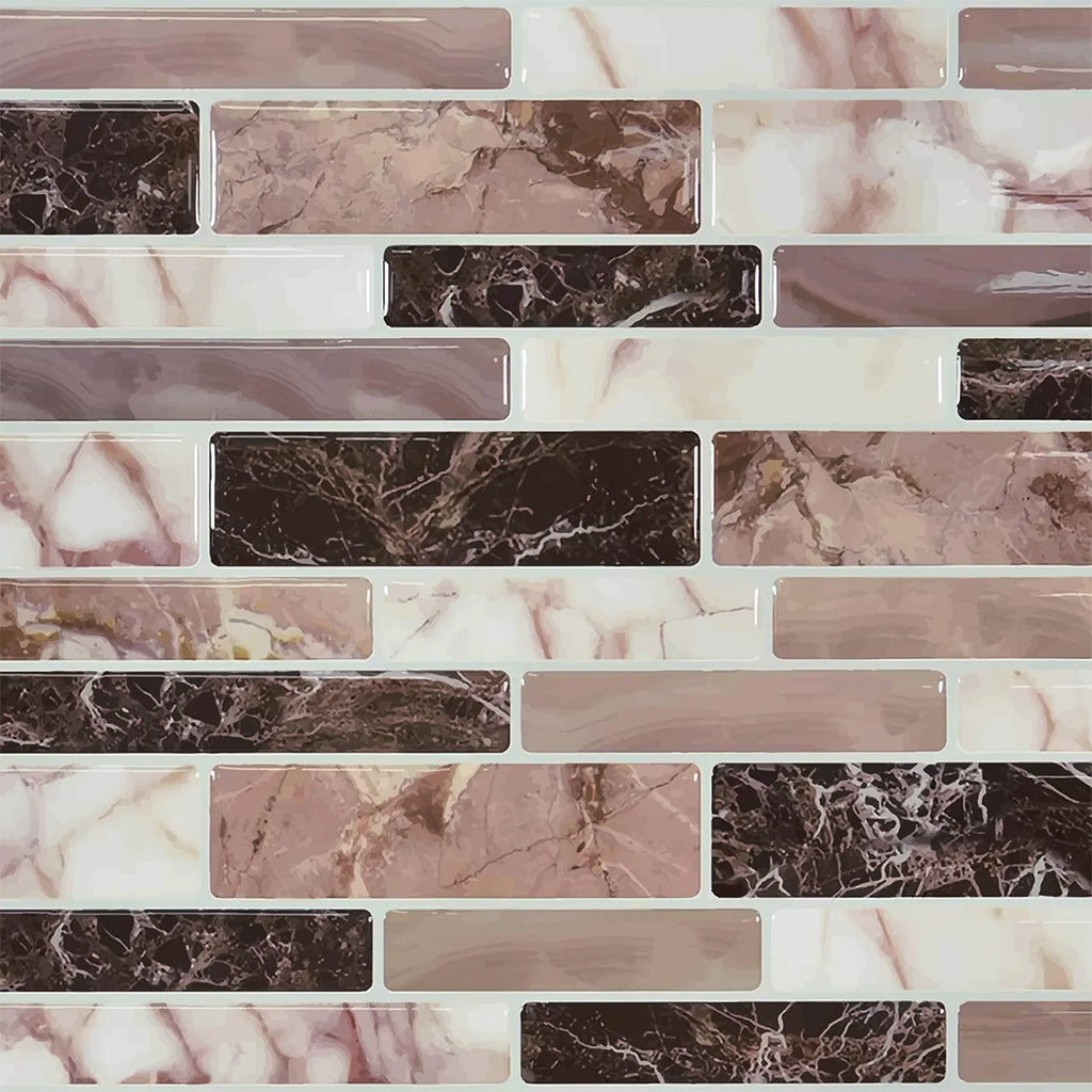 Close-up of 3D self-adhesive mosaic tile stickers in pink, white, and dark marble bricks