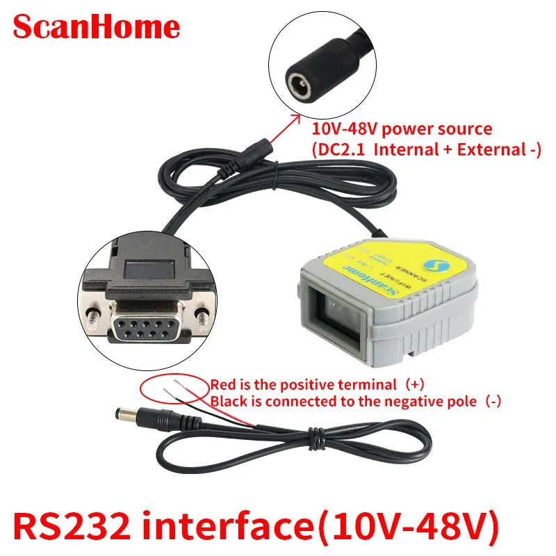 Fixed-mount barcode scanner with RS232 port and 10V-48V power wiring leads
