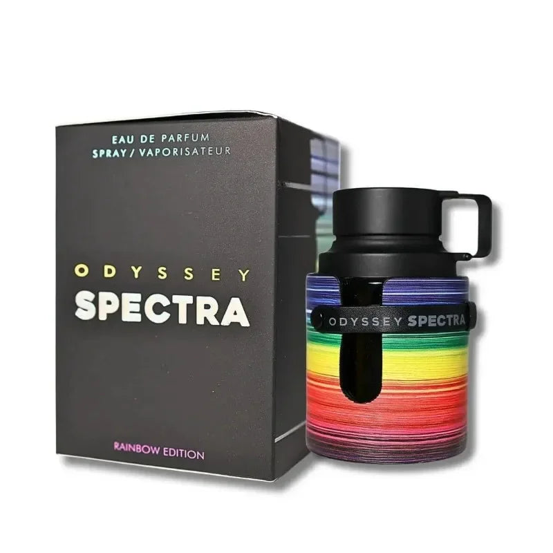 Armaf Odyssey Spectra: 100ml men's EDP, rainbow-striped cylindrical bottle with black cap, luxury Dubai cologne spray.