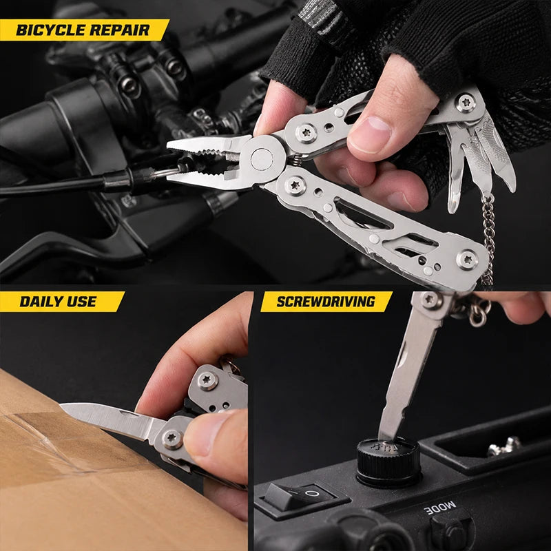 All-Steel Multi-Function Pliers Tool Foldable Pocket Keychain Knife Set with Bottle Opener Screwdriver for Outdoor Hiking