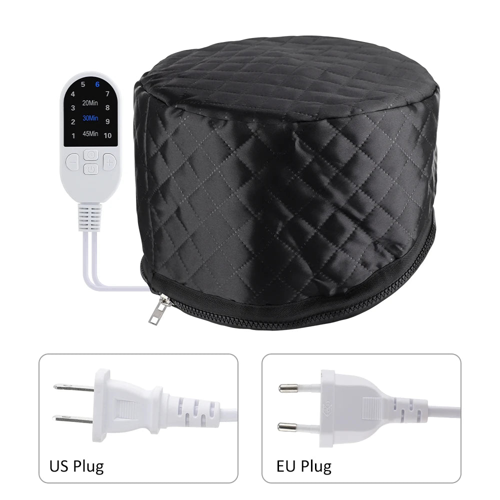Black quilted electric hair steamer cap with 10 heat levels, timer control, and interchangeable US and EU power plugs.