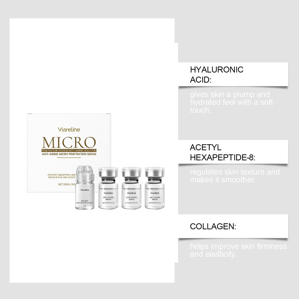 Viareline anti-aging essence set with one box and four small clear glass serum vials with silver caps.