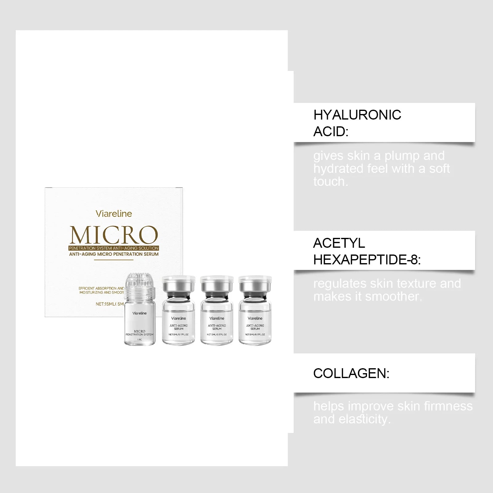 Viareline anti-aging essence set with one box and four small clear glass serum vials with silver caps.