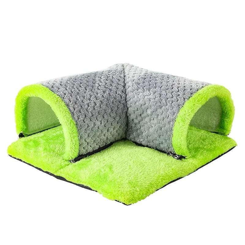 L-shaped grey and lime green fleece guinea pig tunnel bed with a soft, removable plush base.