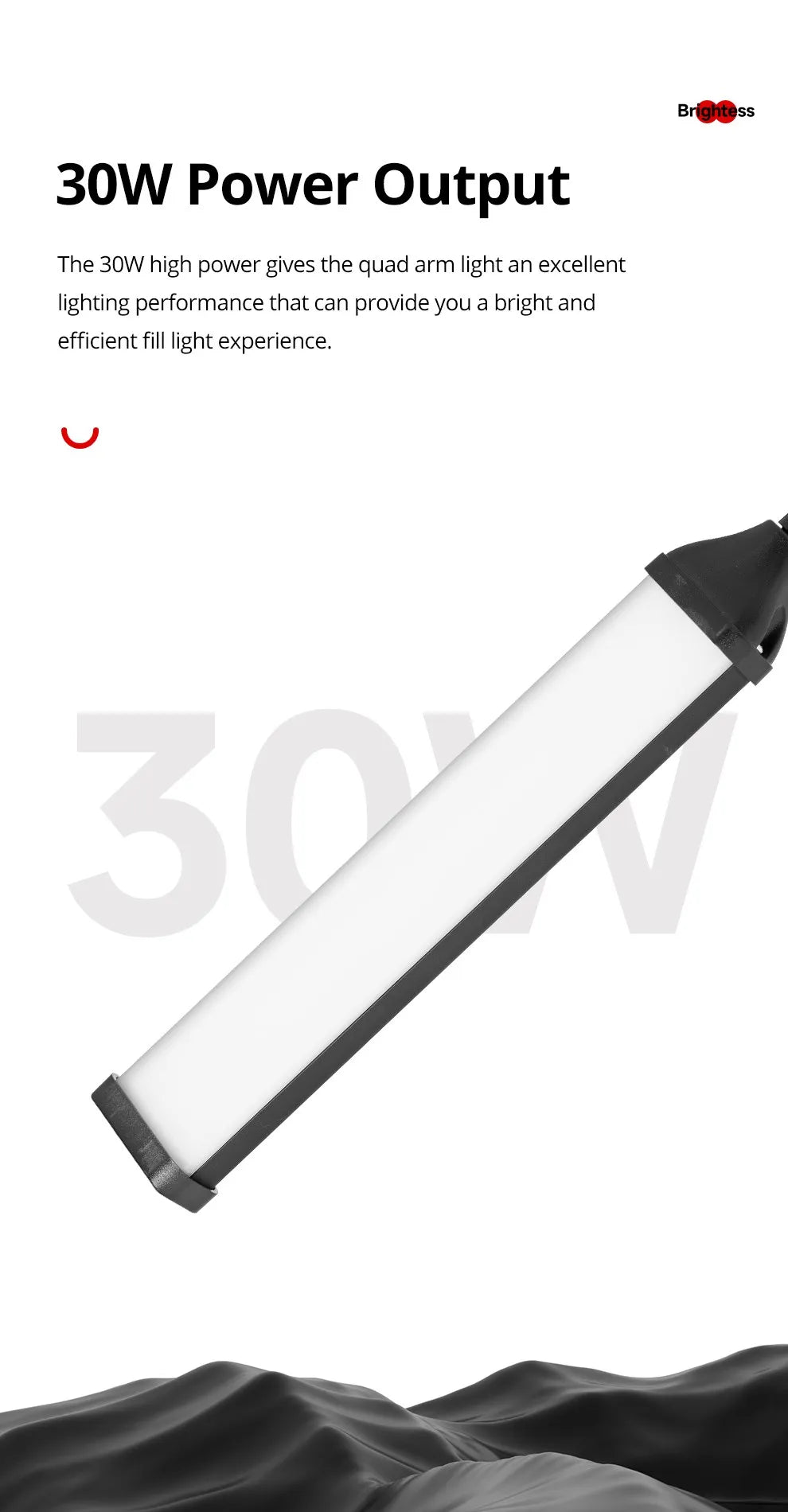 30W quad arm LED fill light bar with a long, rectangular white diffuser and black frame for photography lighting.