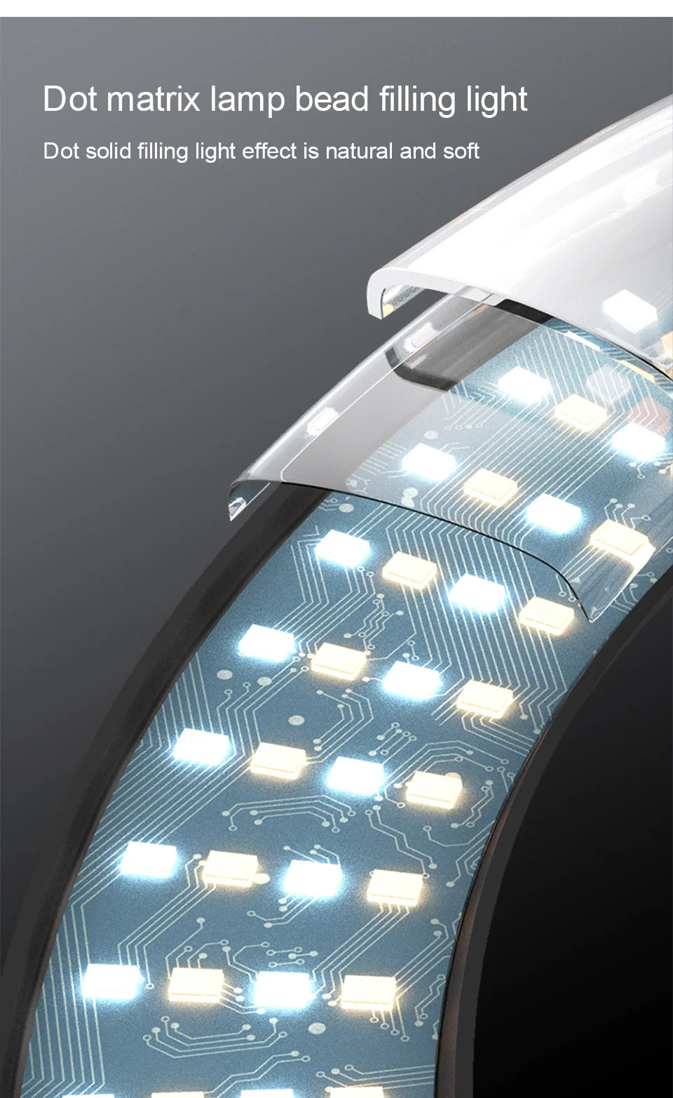 Curved LED strip light with a blue circuit board and alternating warm and cool white light beads for soft illumination.