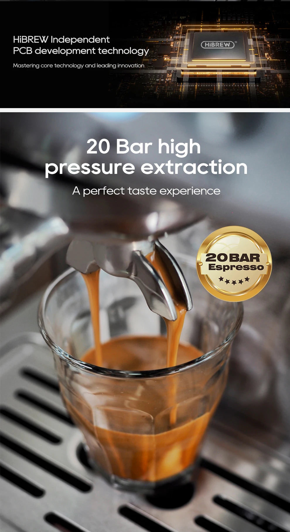 HiBREW 20 bar espresso machine pouring coffee into a glass with advanced PCB technology and metal portafilter.