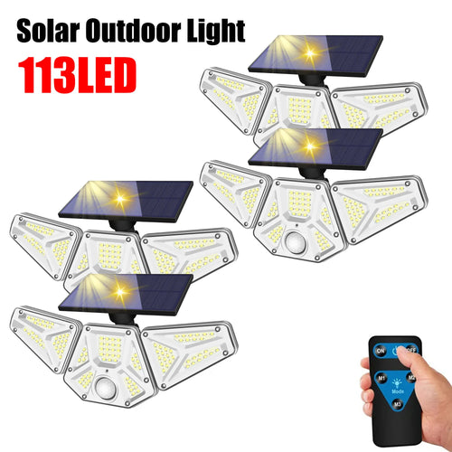 Solar security wall light with 113 LEDs, solar panel tops, and motion-detector design