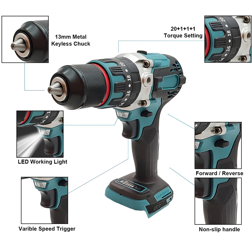 Podofo Brushless Electric Drill Screwdriver Power Tools Metal Chuck Impact Hammer Drill  Cordless Motor Screwdriver Power Tools