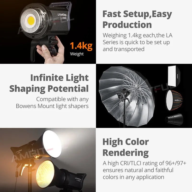 Litemons LA150D LED video light with Bowens mount, 1.4kg, shown with umbrella, softbox, and reflector accessories.
