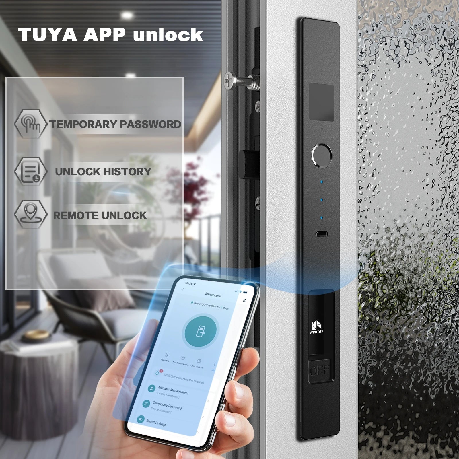WINFREE Sliding Window Door Smart Lock Fingerprint Tuya Bluetooth Smart Window Lock  Special Aluminiun Profile Window Lock