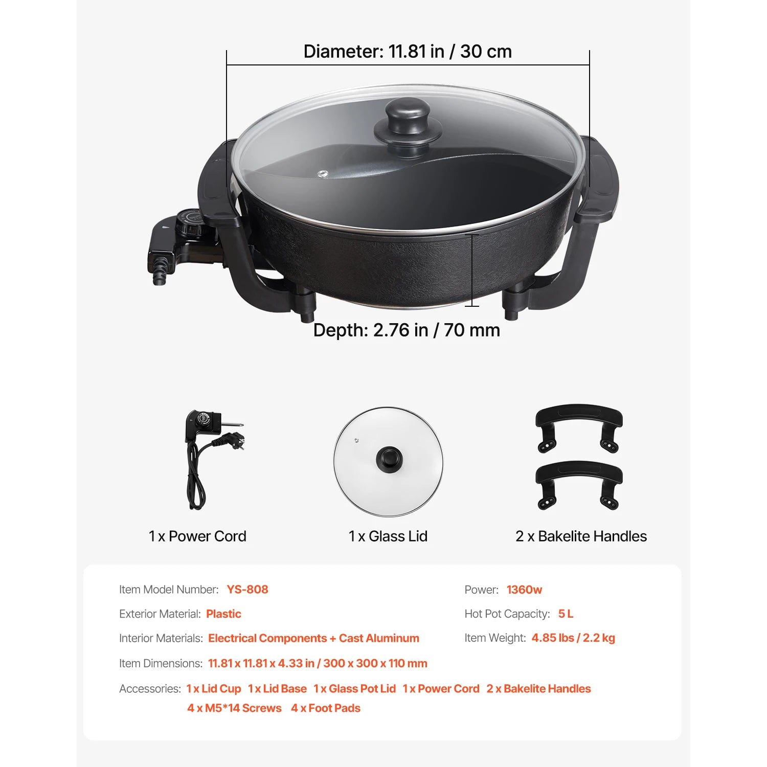 Black 5 L electric hot pot with glass lid and side handles, included power cord