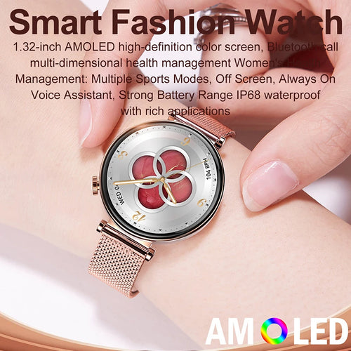 Rose-gold smartwatch with pink mesh strap and red flower-style watch face