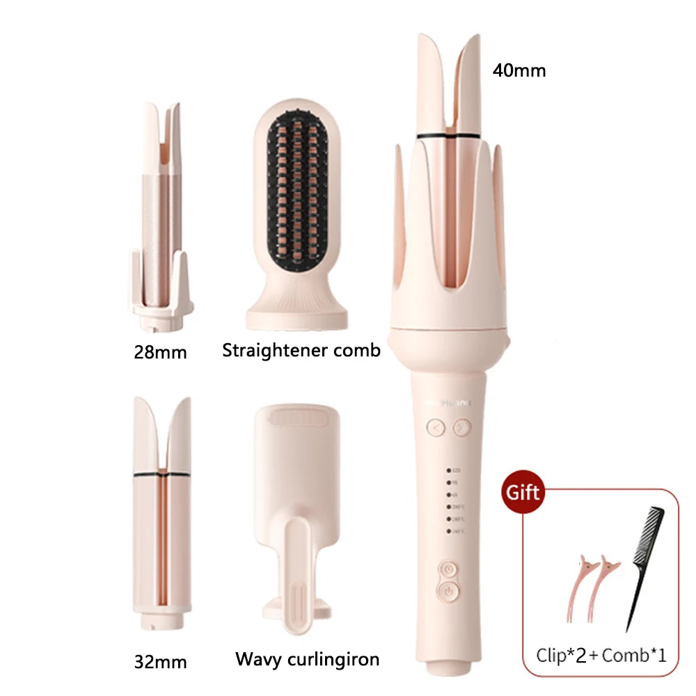 Pink automatic curling iron set with 28mm/40mm barrels, straightener comb, wavy wand, hair clips, and comb accessory.