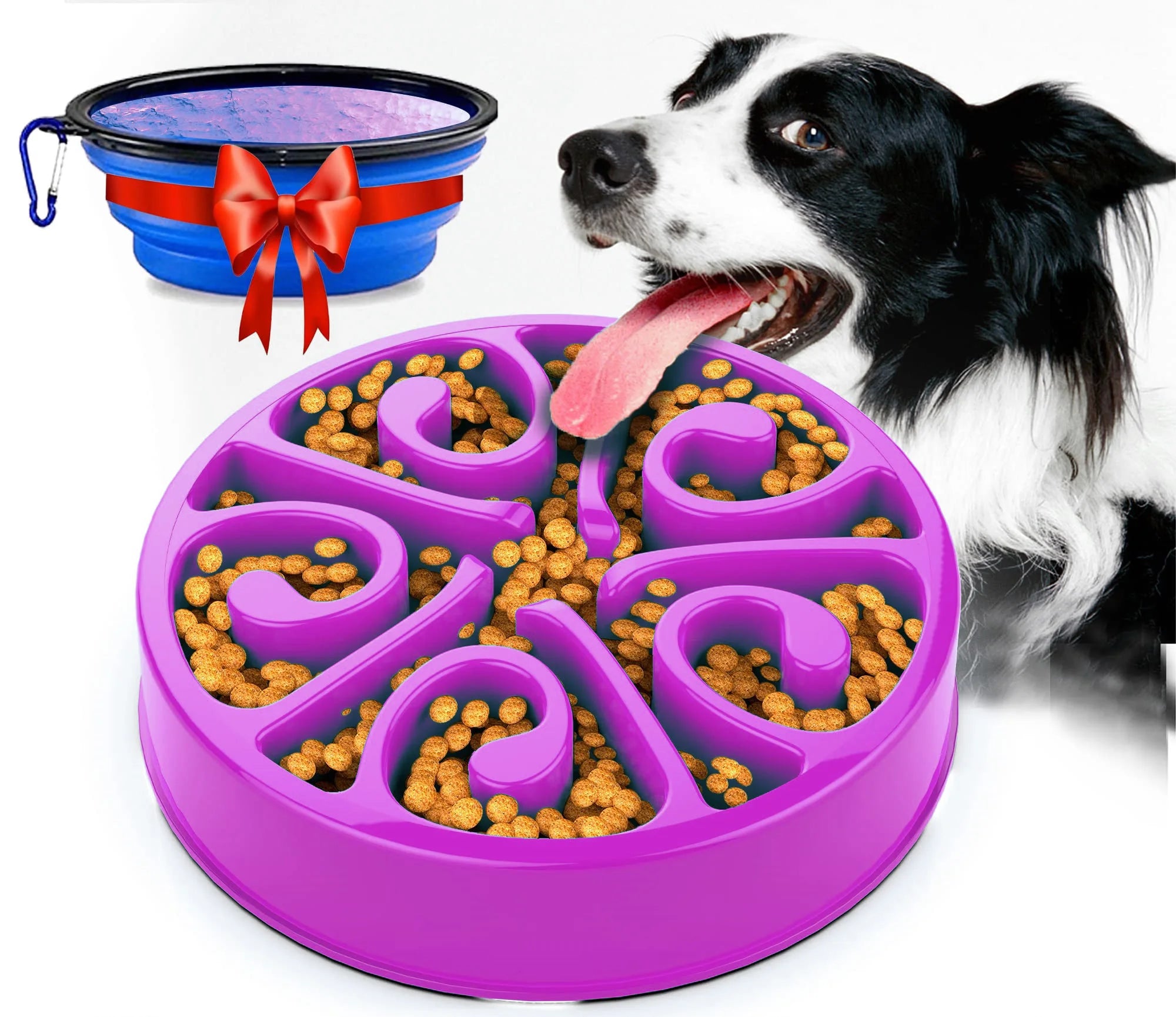 Purple non-slip slow feeder dog bowl to prevent gulping, plus a blue collapsible travel bowl for all dog sizes.