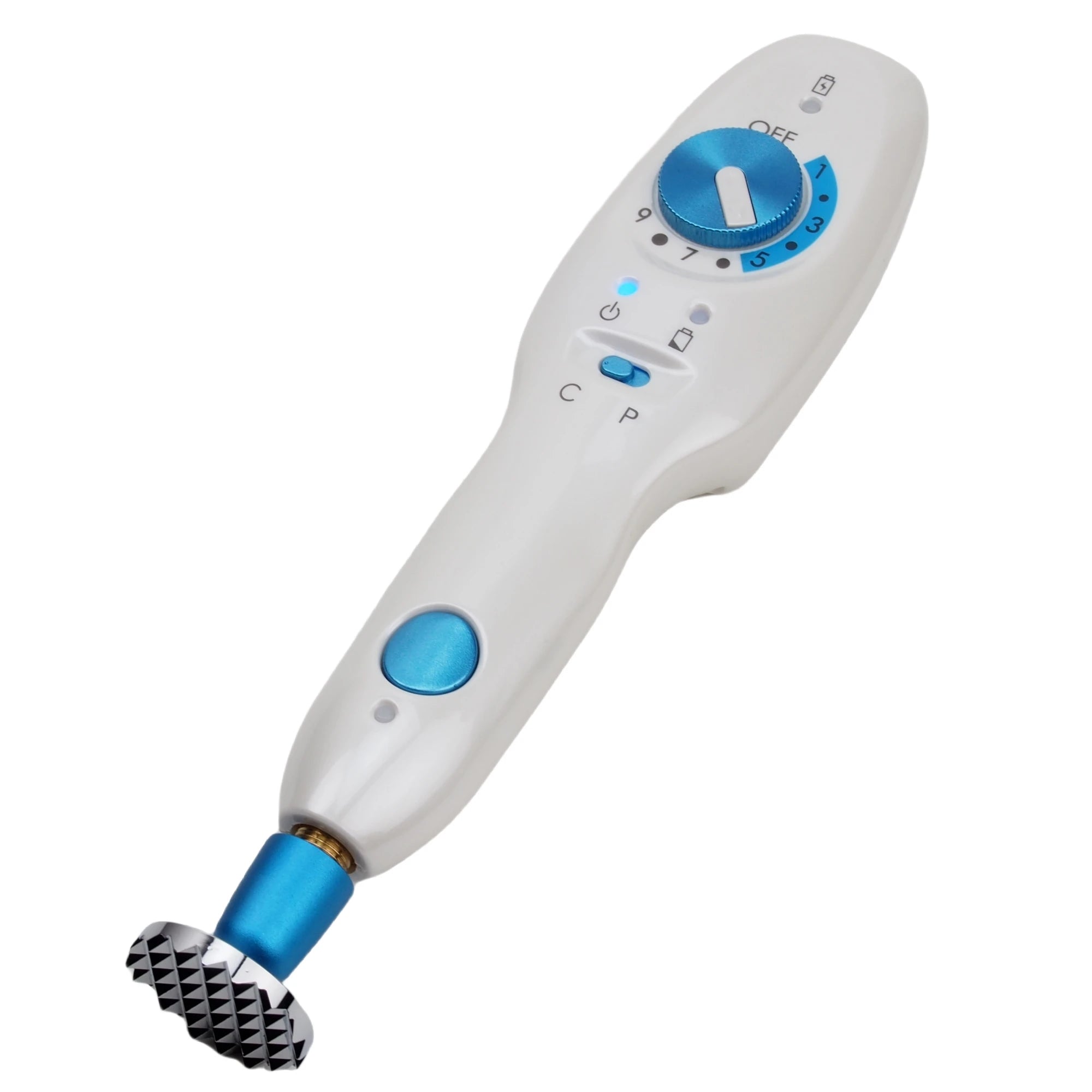 White and blue wireless Plamax fibroblast cold plasma pen for skin tightening, acne, and blemish removal.
