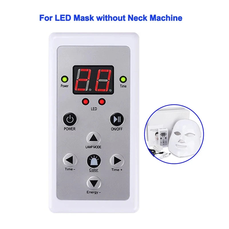 White LED face mask remote control with digital display and buttons for 7-color light, time, and energy adjustments.