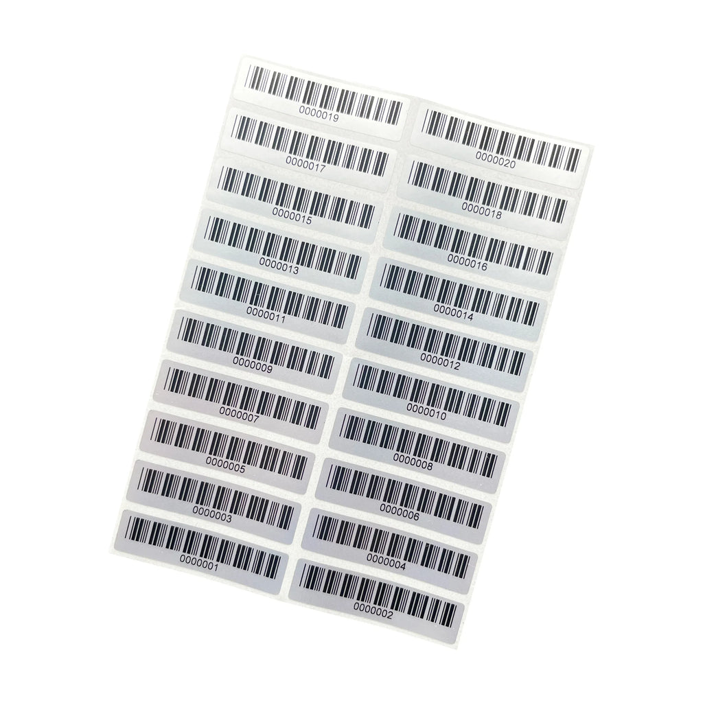 Matte silver PET barcode asset labels sheet with small rectangular labels arranged in rows