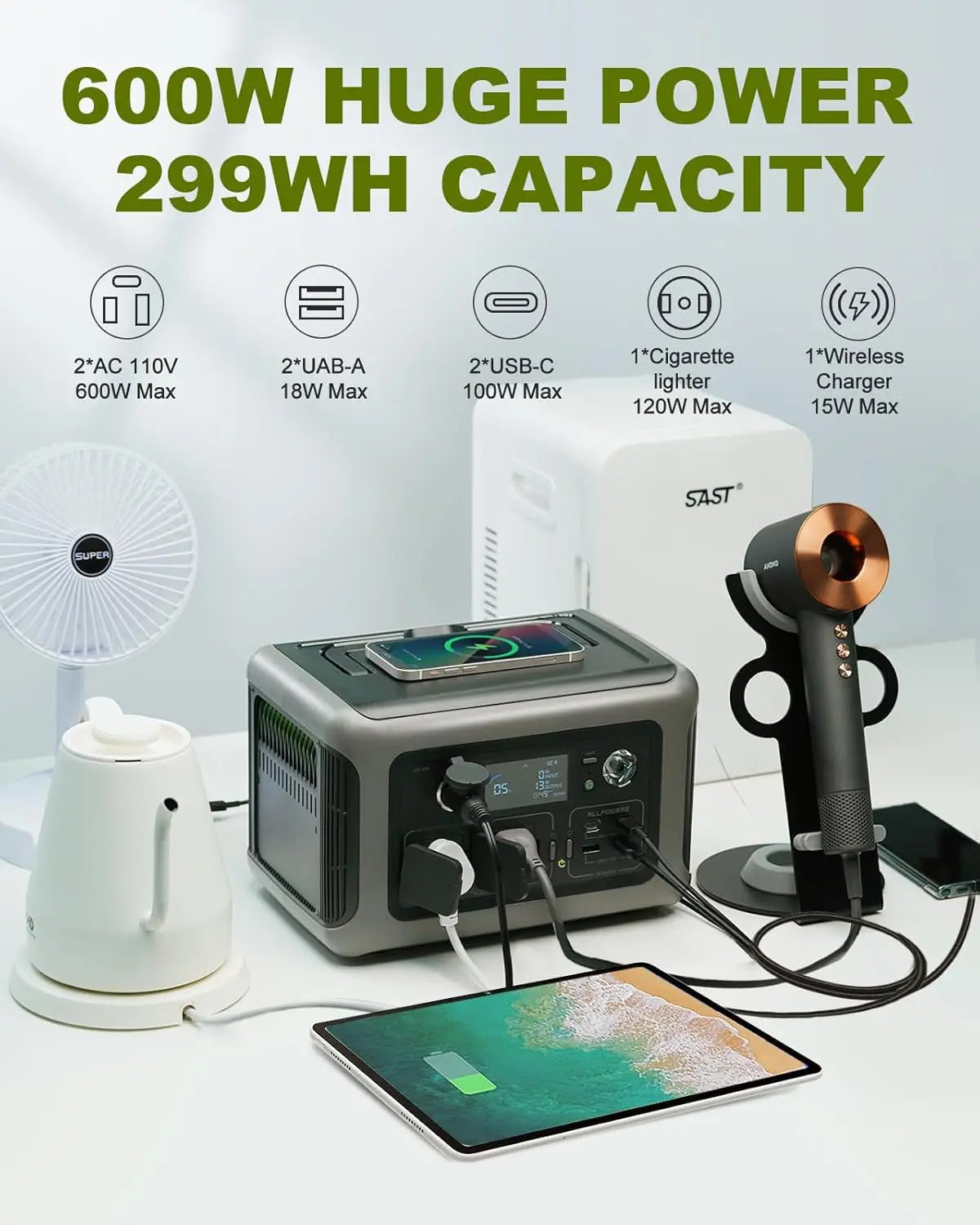 Portable Power Station 600W LiFePO4 Battery with PD Fast Charging Tidesmit