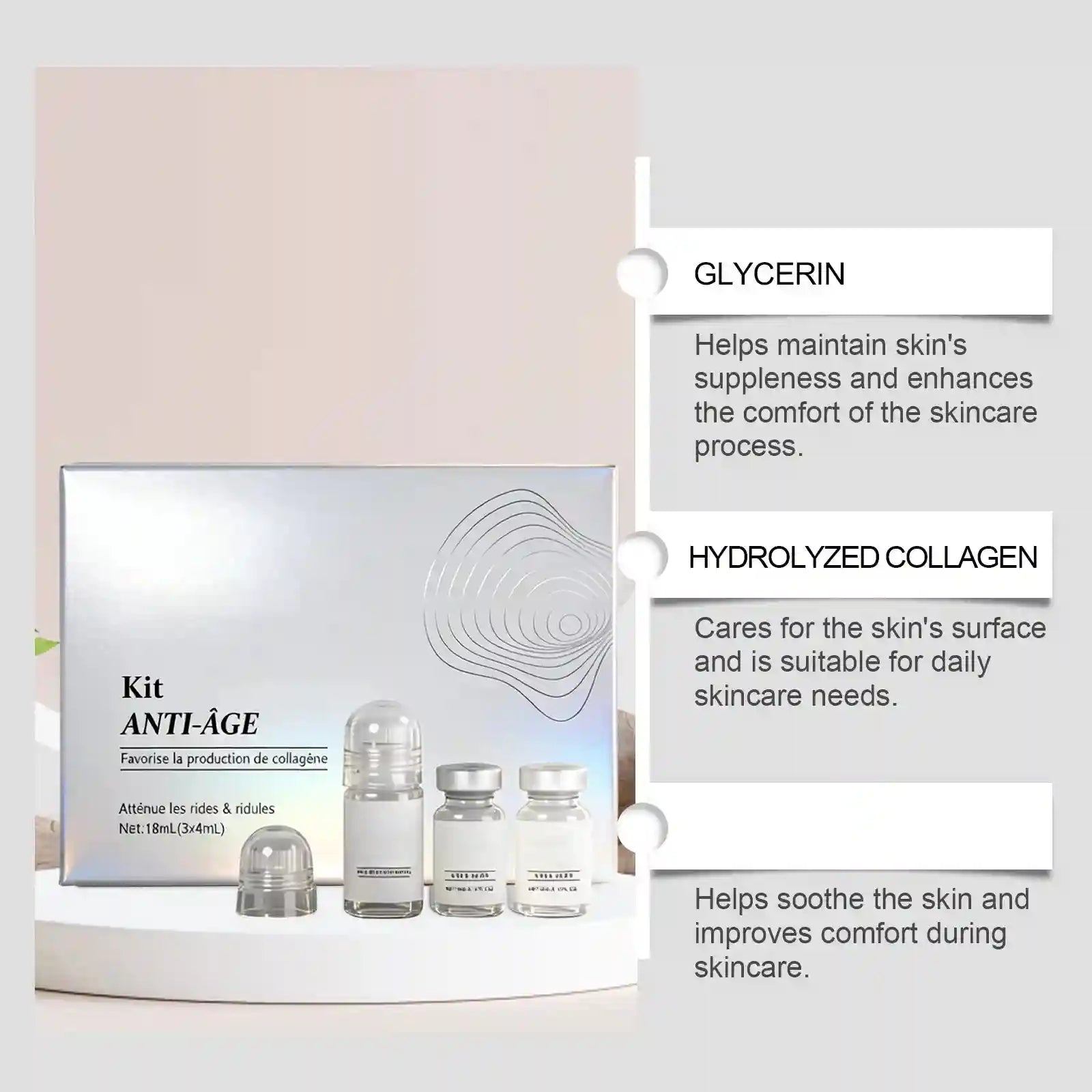 Deep Action Collagen Anti-Aging Care Set with Glycerin and Hydrolyzed Collagen in sleek, small clear treatment vials.