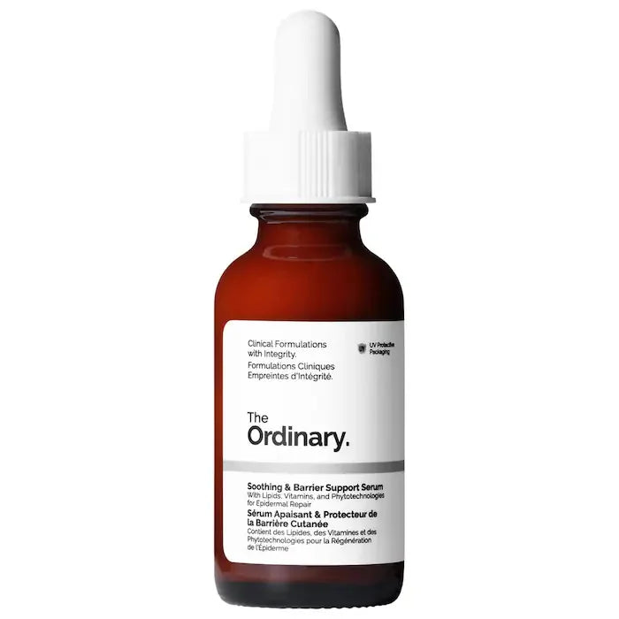 The Ordinary serum bottle with white dropper cap and deep amber liquid.