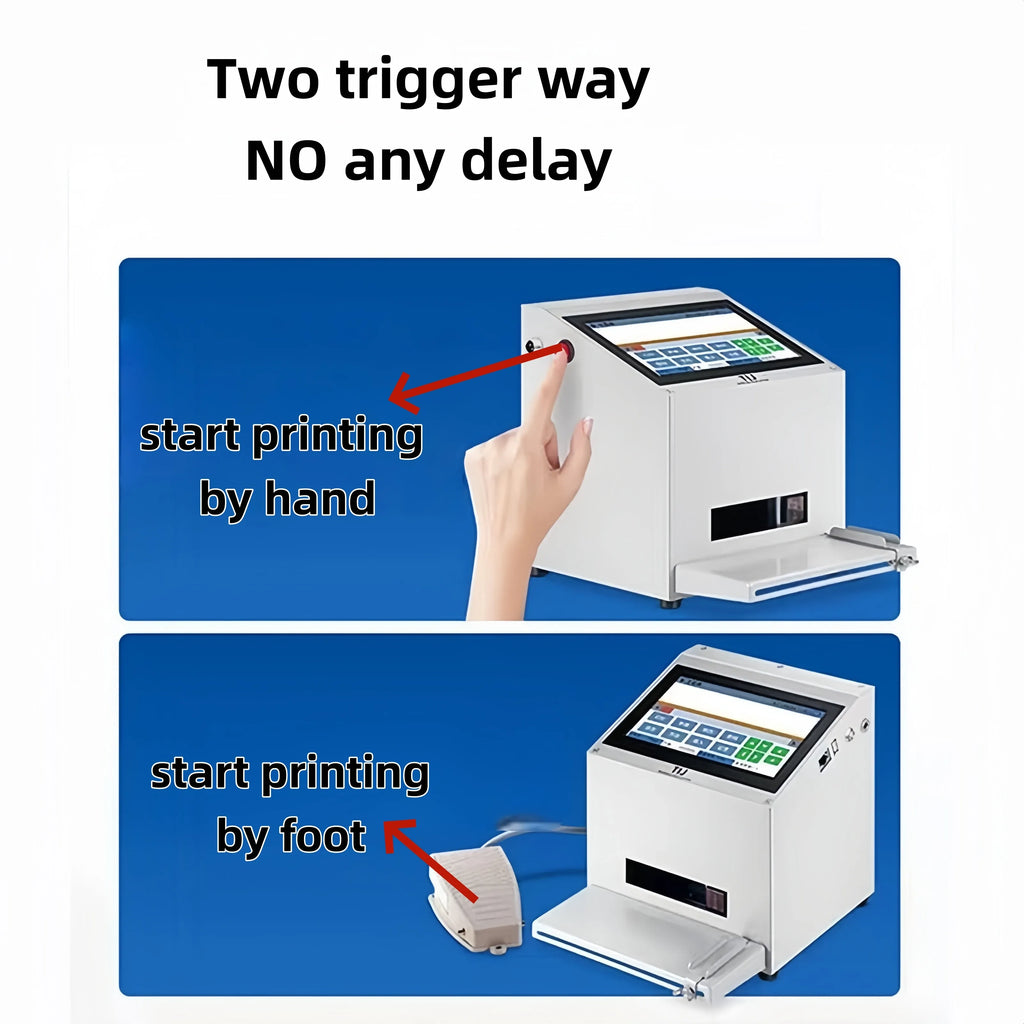Inkjet coding printer with touchscreen control panel and output tray, desktop design