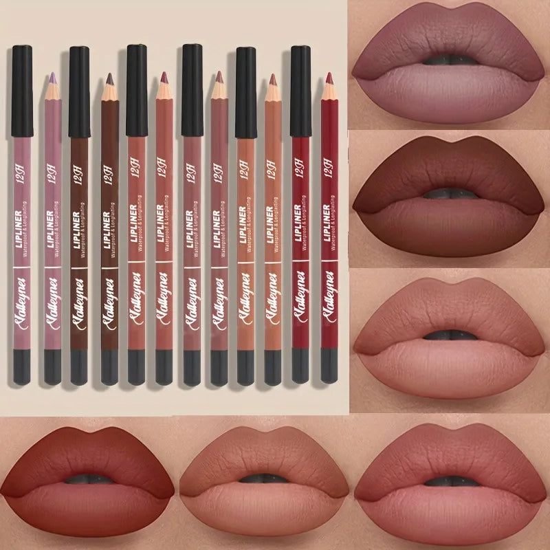 6-color velvet matte lip liner set with long-lasting waterproof berry, brown, and nude shades for defined lip makeup.