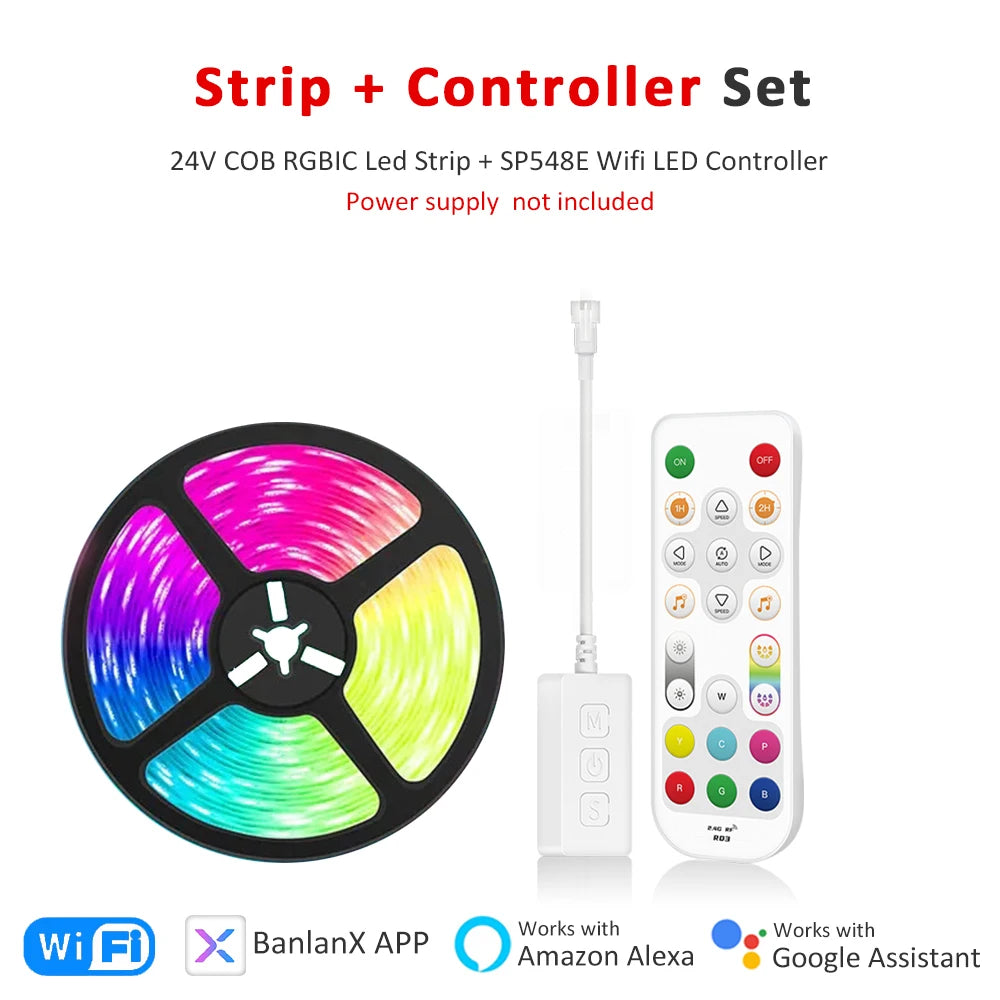 WiFi RGBIC LED strip with controller and remote, multicolor light strip reel