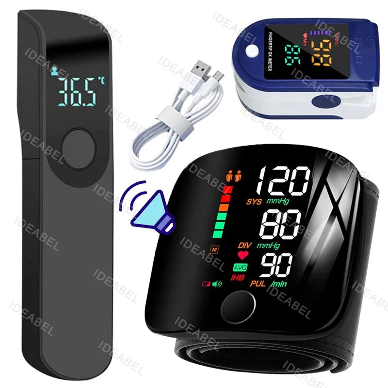New LED Wrist Blood Pressure Monitor English Voice Broadcast Sphygmomanometer Tonometer BP Monitor Forehead Digital Thermometer