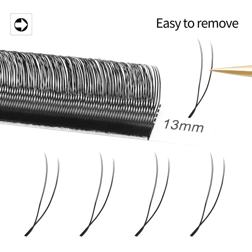 Black 13mm double-strand eyelash extension clusters on a strip for easy application and removal.