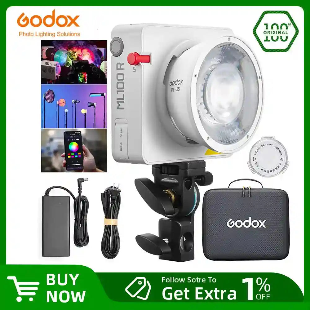 ML100R white square LED light with round head, mount, power adapter, and carrying case for professional photography.