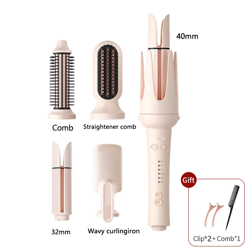 Pink automatic curling iron set with 40mm/32mm barrels, straightener, comb attachments, and styling clips.