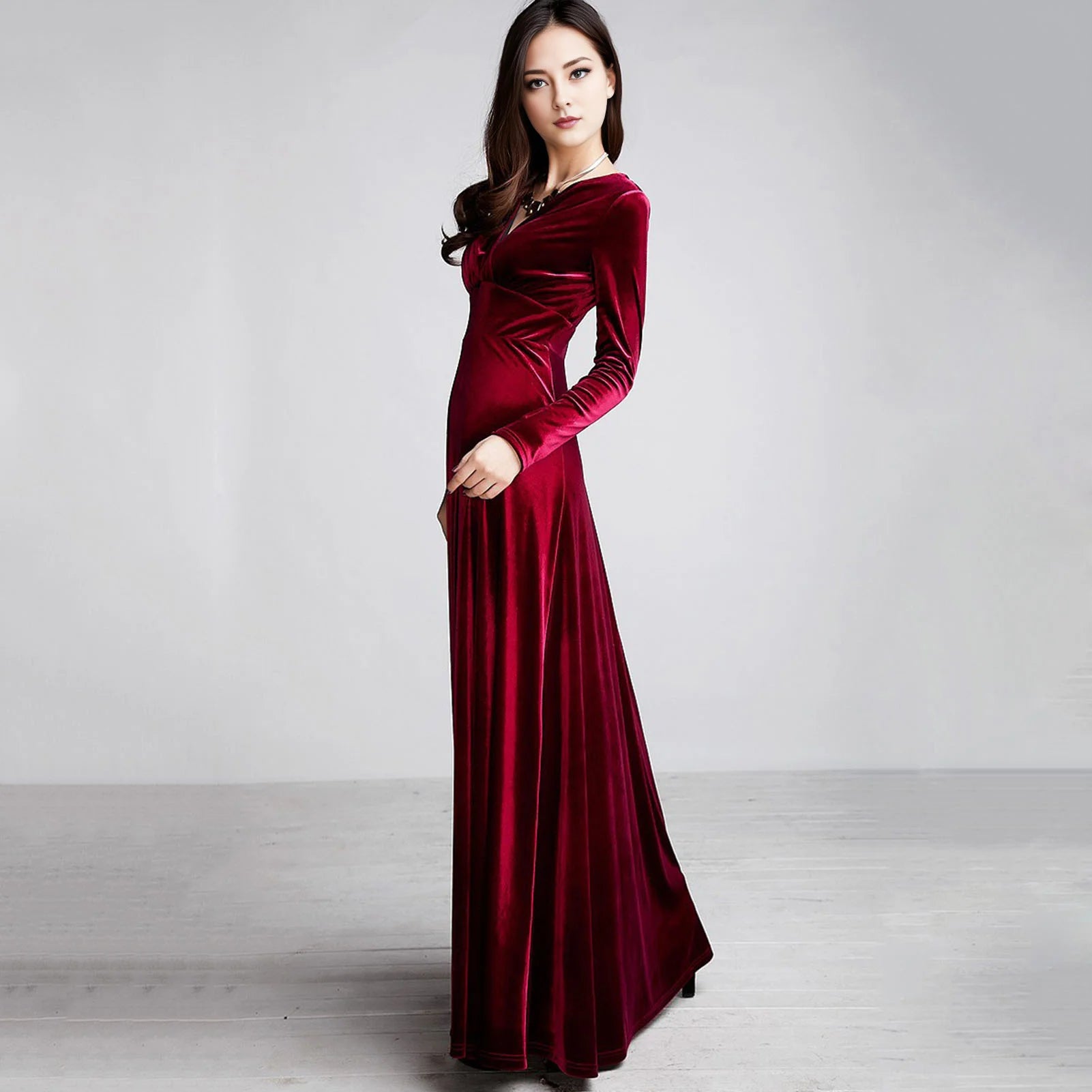 Vintage Women Autumn Long Sleeve V Neck Pleated Velvet Banquet Party Maxi Dress Party Wedding Elegant Evening dress 