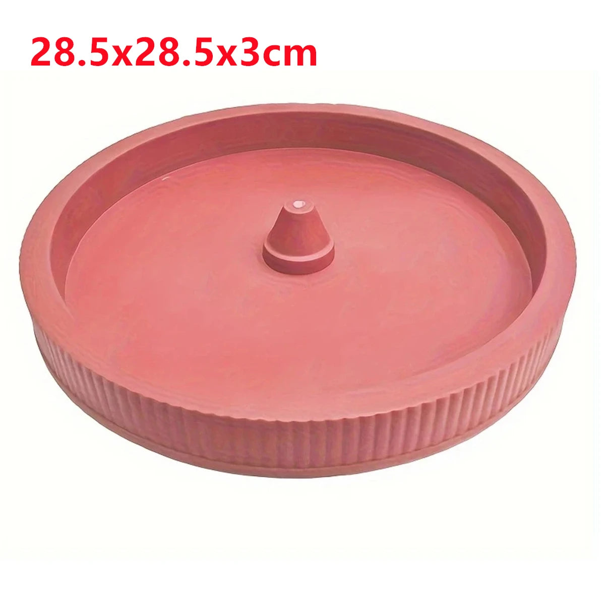 Red round planter tray with ribbed sides and central raised stand opening.