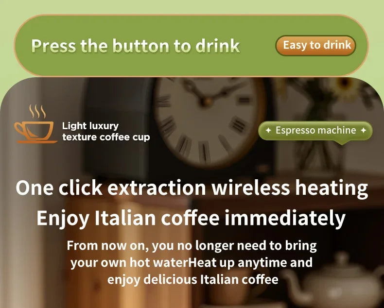 Portable light luxury wireless espresso machine with one-click heating for quick Italian coffee.