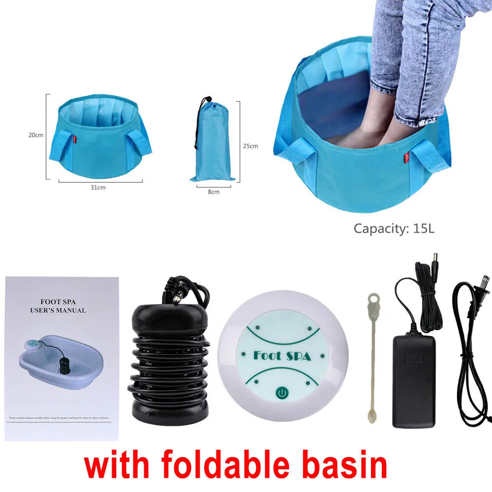 Blue foldable 15L foot spa basin with ionic detox machine, electric controller, power cord, and array for home use.