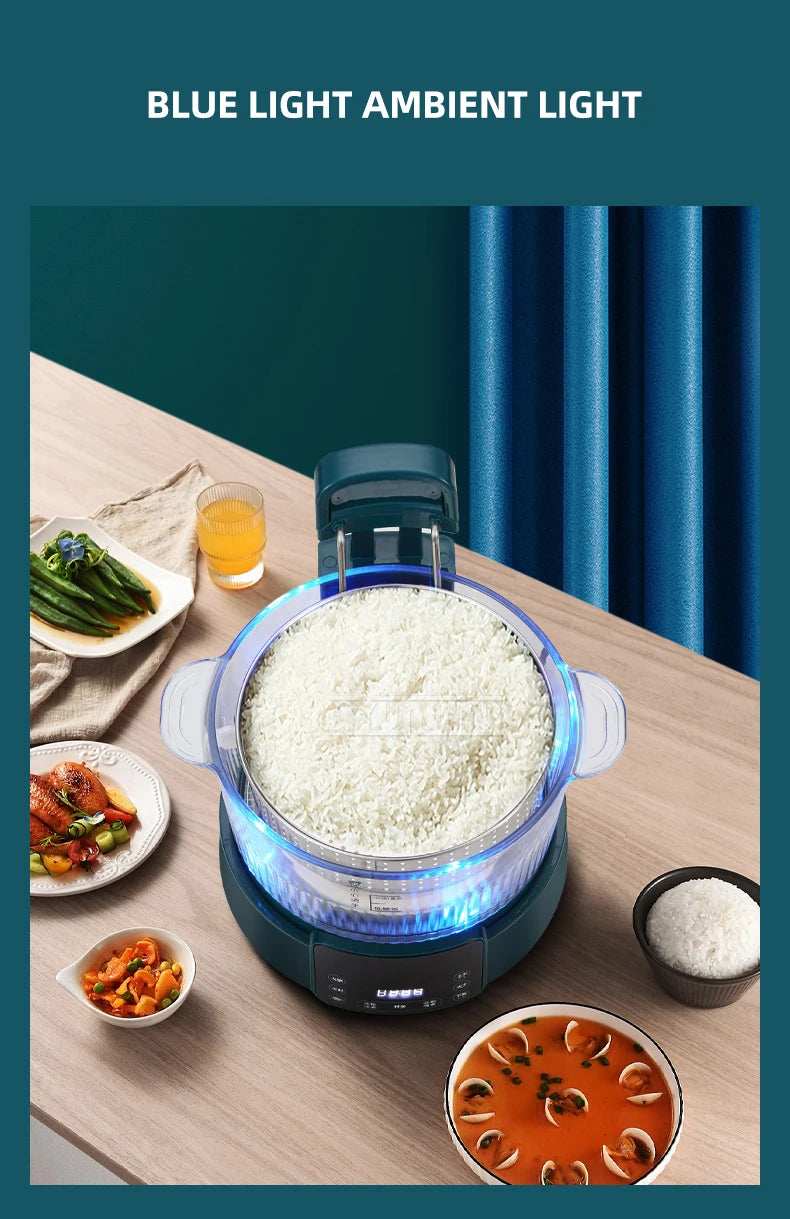 3L electric hot pot steamer with blue base, stainless inner basket, and glass lid
