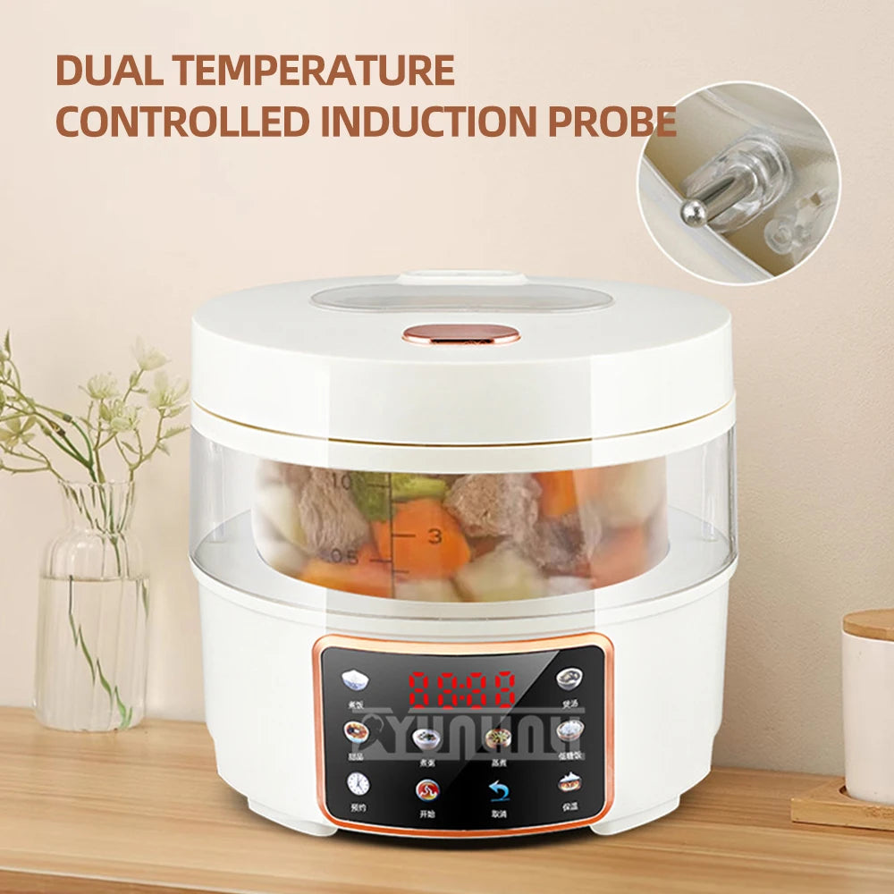 Visual glass rice cooker with lid and dual temperature induction probe on top