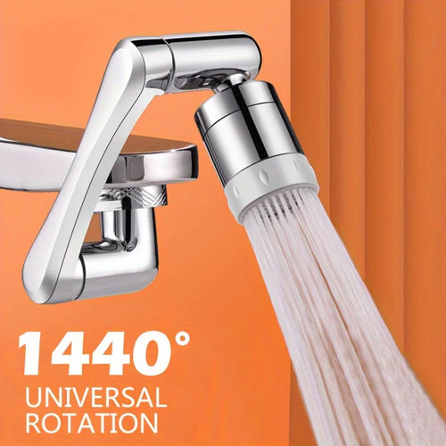 Swivel faucet nozzle extender with chrome-silver body and handheld shower spray