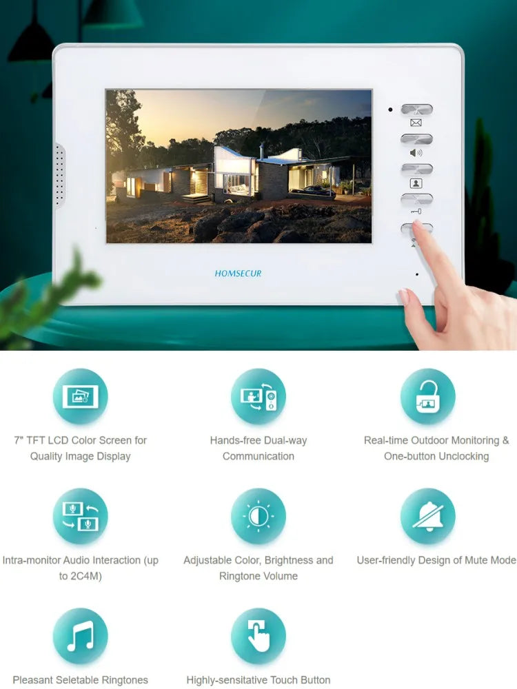 HOMSECUR XM702-W 7" TFT LCD Indoor Monitor V70D-W for XSL Video Door Phone Intercom Hand-free Home Villa Doorbell