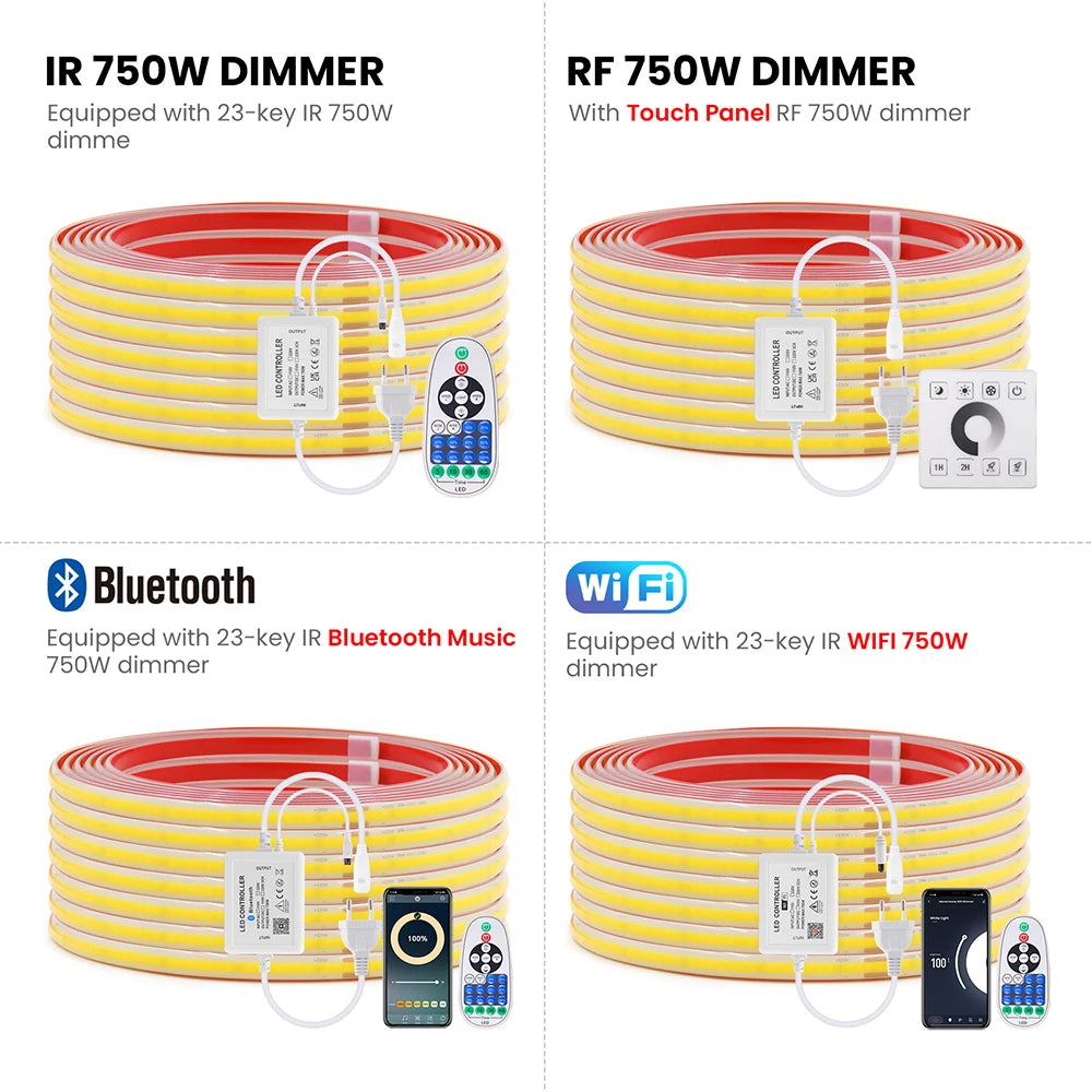 Dimmable 220V COB LED Strip Light WIFI Bluetooth Wall Touch 23key Remote Control Power Kit 288LED Flexible Tape Waterproof Lamp