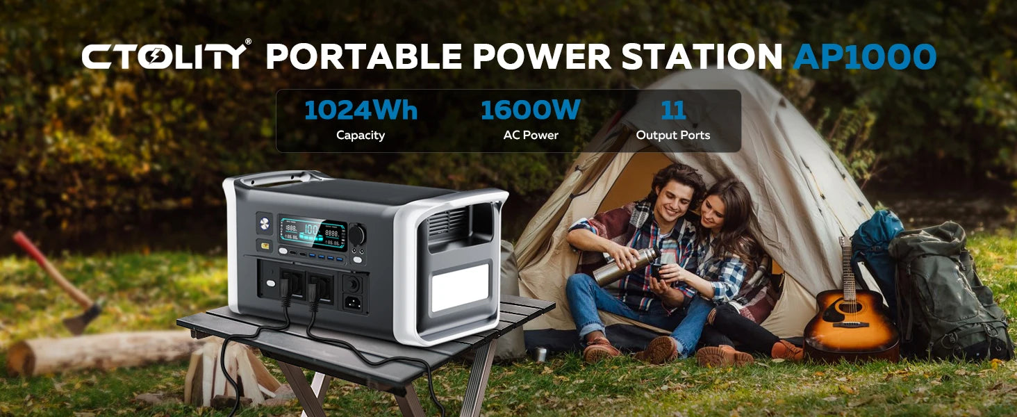 CTOLITY 1024Wh LiFePO4 Portable Power Station 1600W Pure Sine Wave Solar Generator 110V AC Ports Camping Outdoor Garden Party