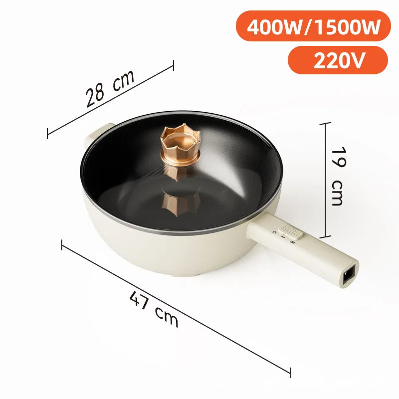 White electric hot pot with black nonstick interior, 28 cm top, 19 cm height, 220V