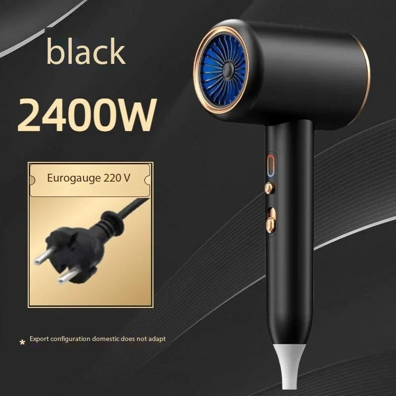 Black 2400W high-speed professional hair dryer with turbine airflow and EU plug for quick, quiet salon-style drying.