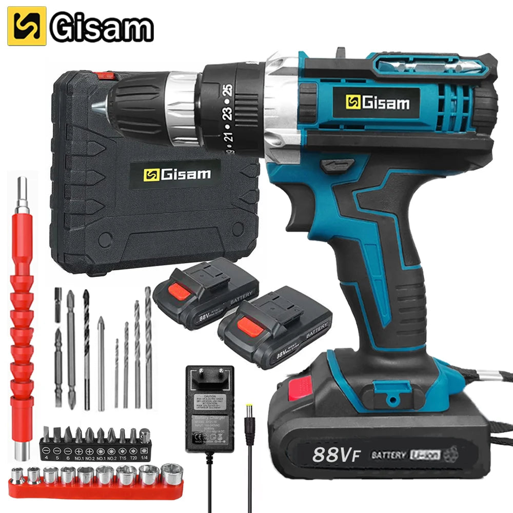 Wiredless Impact Drill Screwdriver Rechargeable Battery Cordless Hammer Drill 25+3Torque Setting Electric Screwdriver Power Tool