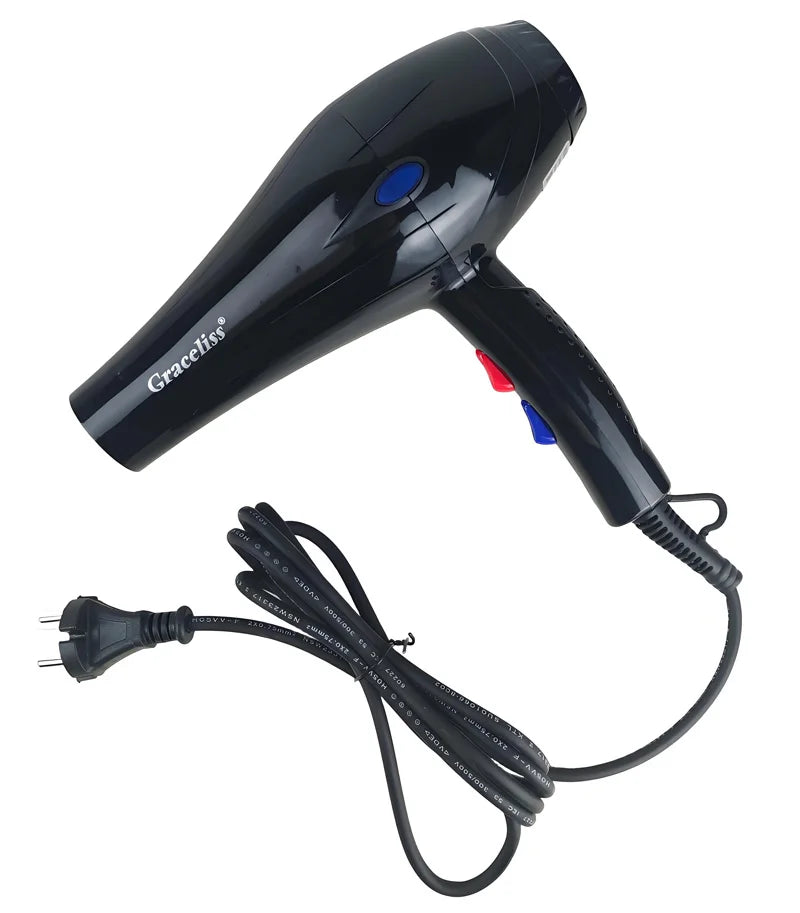 Graceliss black professional hair dryer with EU plug, heat settings, and ergonomic handle for salon or home use.