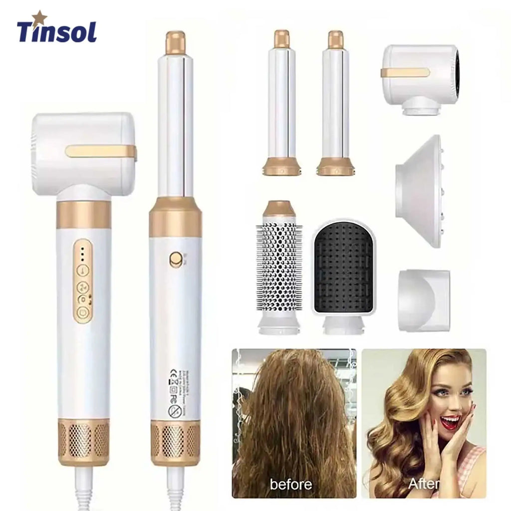 TINSOL 7-in-1 white and gold hair dryer styling tool set with curling iron, straightener, and various attachments.