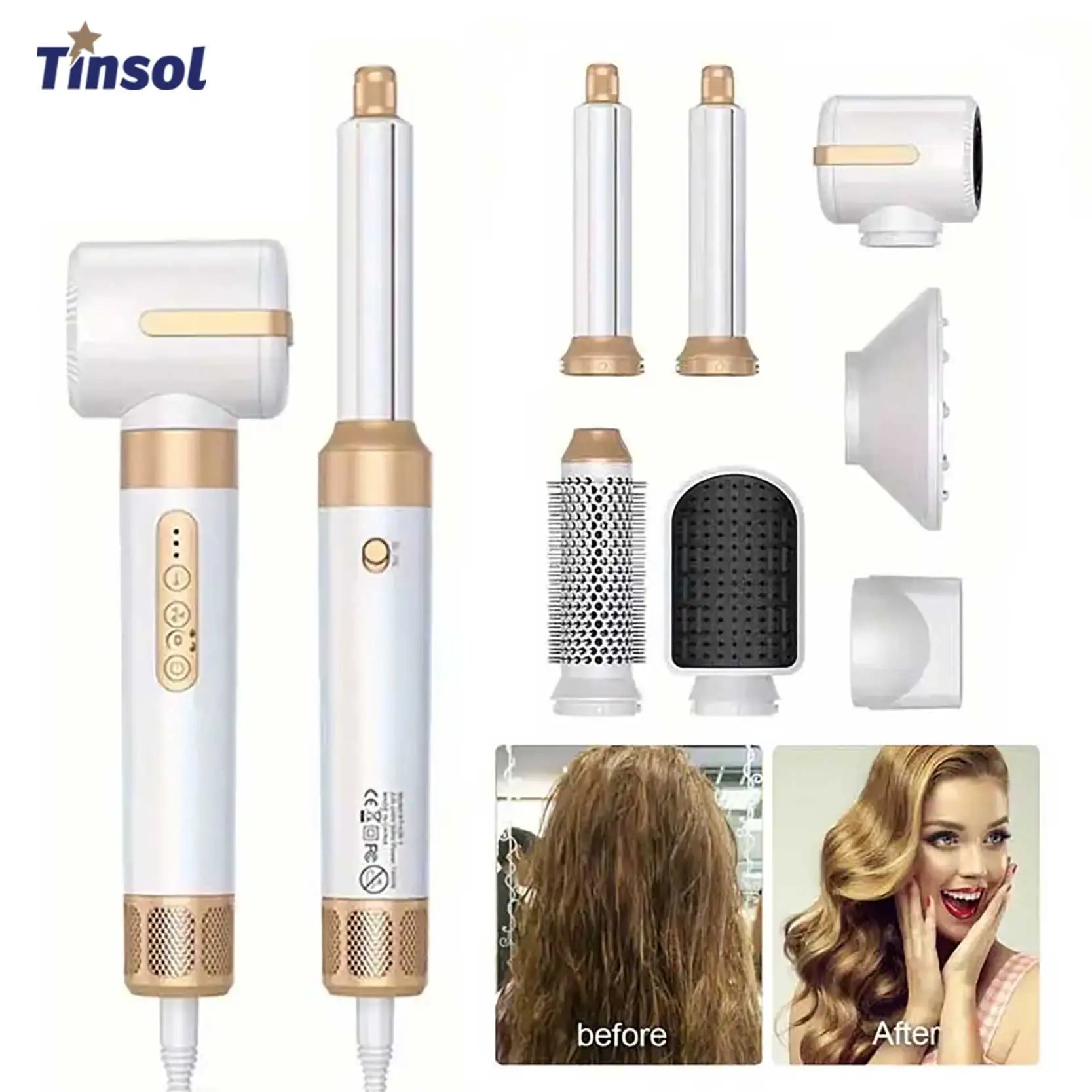 TINSOL 7-in-1 white and gold hair dryer styling tool set with curling iron, straightener, and various attachments.