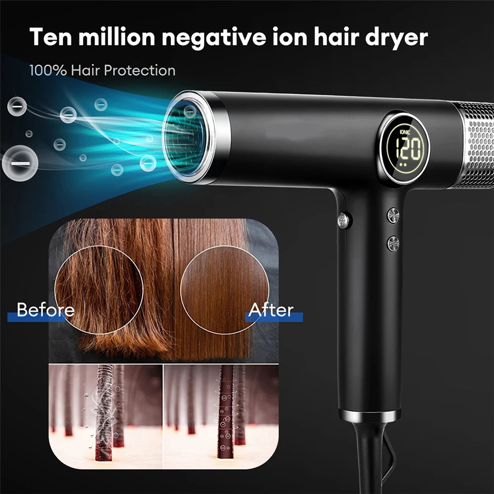 Black 110,000 RPM ionic hair dryer with digital display, showing before and after hair smoothing results.